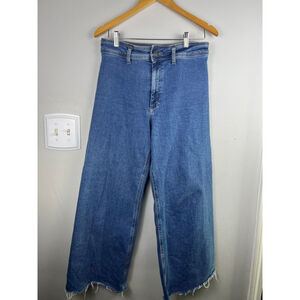 Zara Woman High Waist Wide Leg Crop Jeans Blue Frayed Hem Rigid Denim Size 8 / 4